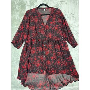 Cato Women's 14/16W Sheer Red Black Button 3/4 Sleeve Asymmetrical Blouse Tunic